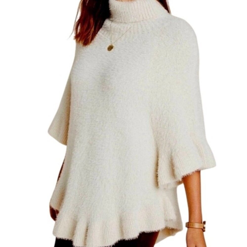 Akemi + Kin Falling Snow Fuzzy Ruffled Poncho Sweater One Size Anthropologie
